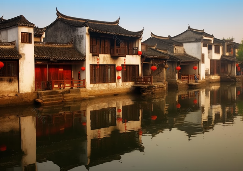 黄昏古镇建筑河流风景,高清,摄影图,摄影图片,图片大全,摄影图免费下载